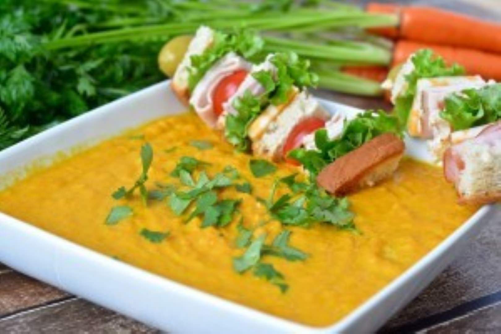 Three Bakers Curried Carrot Soup w:Club Sandwich Skewers 4